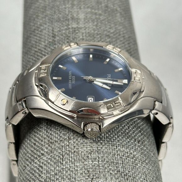 Pulsar Watch Mens 38mm Date Blue Dial Silver Tone 8" Rotating Bezel New Battery - Picture 3 of 10